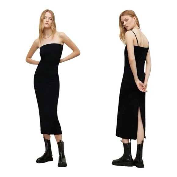 Allsaints CHARLIE Black Spaghetti Strap Midi Dress With Back Slit Sz 8 - Picture 3 of 7